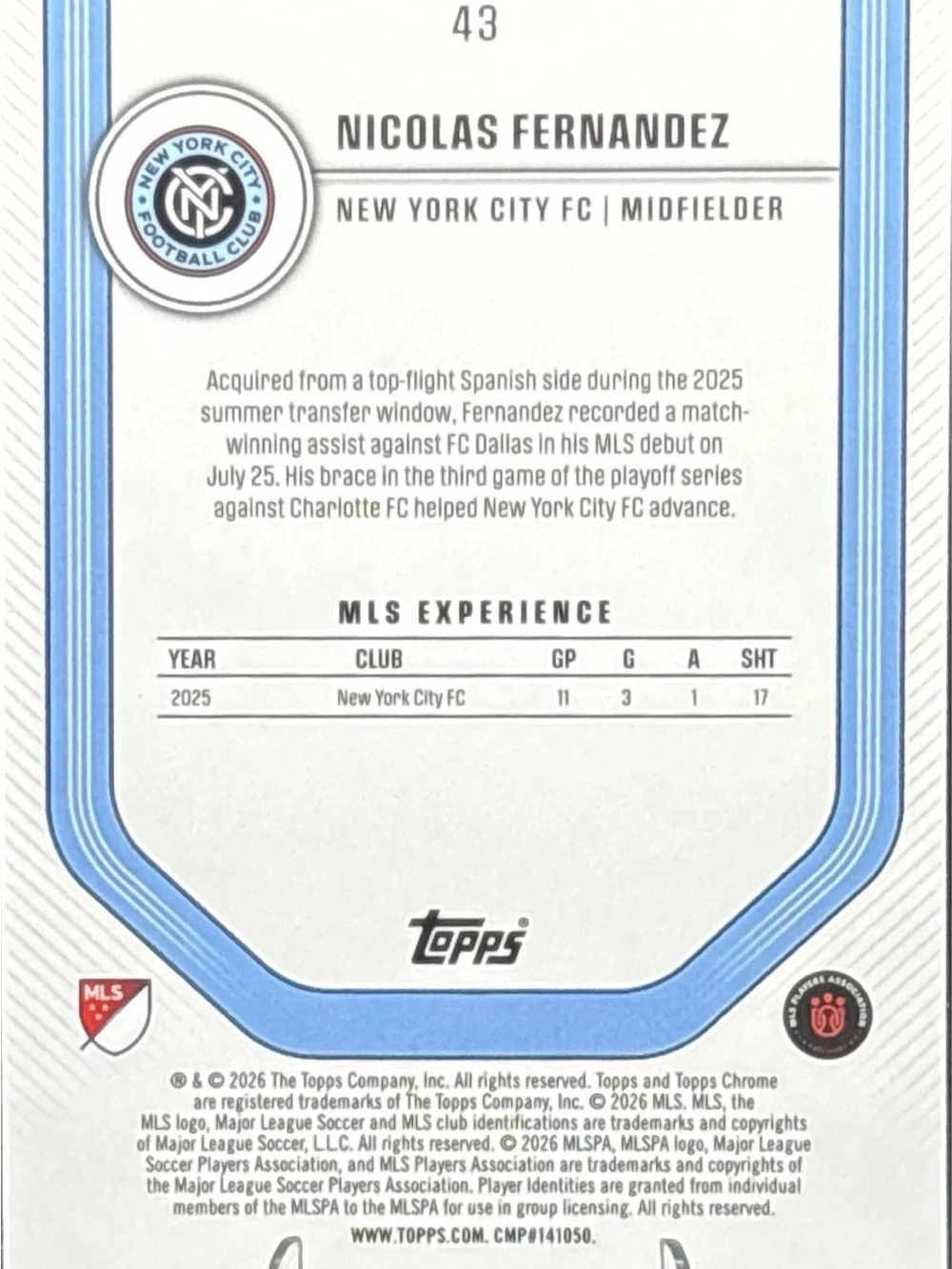 Topps Chrome NYCFC Holo Blue Refractor Nicolas Fernandez Soccer Card